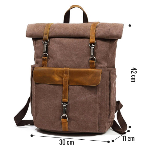 Vintage canvas backpack styled for everyday carry with neutral casual look