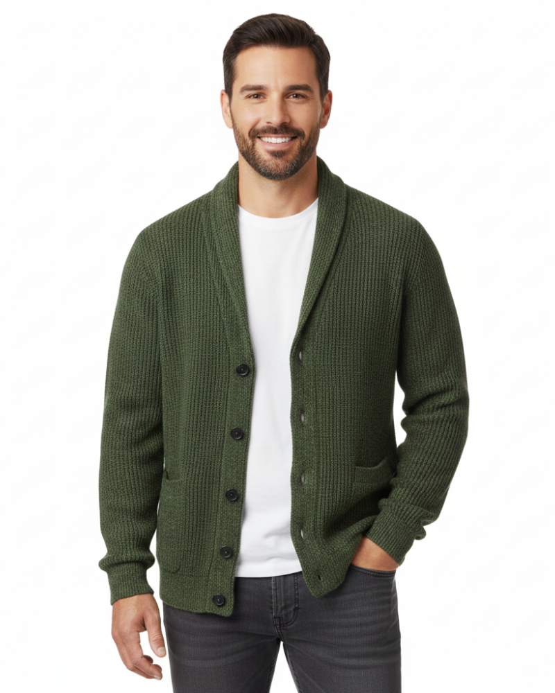 Side view of a striped men's cardigan with long sleeves and a relaxed fit