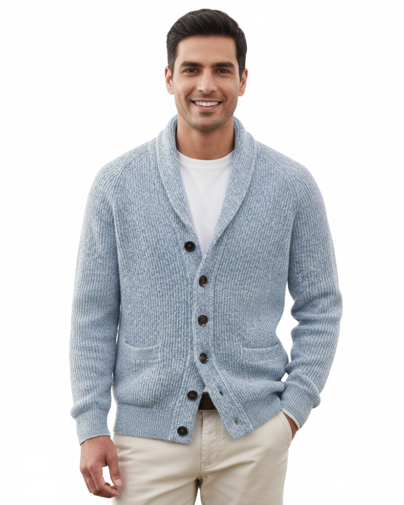 Men's wool cardigan showing the V-neck collar and practical front pockets