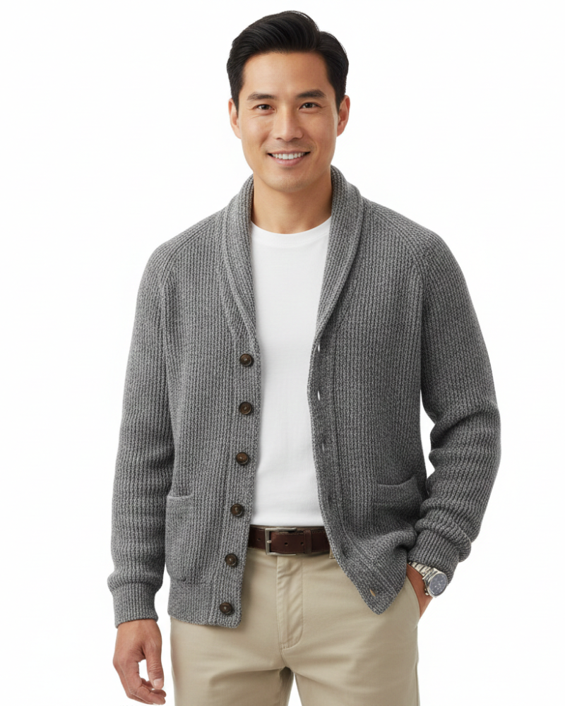 Front view of a men's striped wool cardigan with a classic V-neck