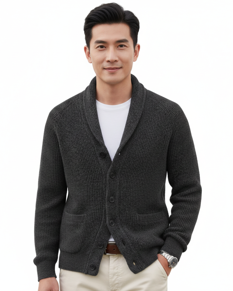 Men's striped wool cardigan with a V-neck, button front, and two pockets
