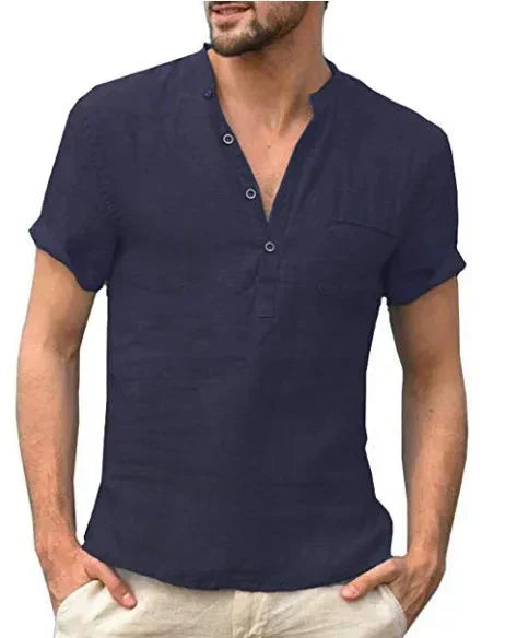 Men's cotton stand collar shirt displayed in a clean product view