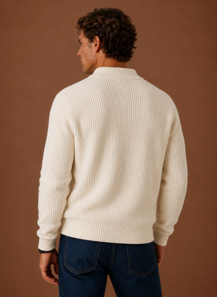 Men's full-zip cardigan sweater highlighting the ribbed knit texture