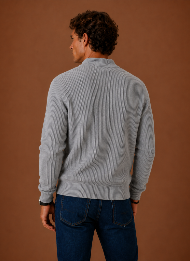 Men's knit cardigan sweater styled as a versatile layering piece