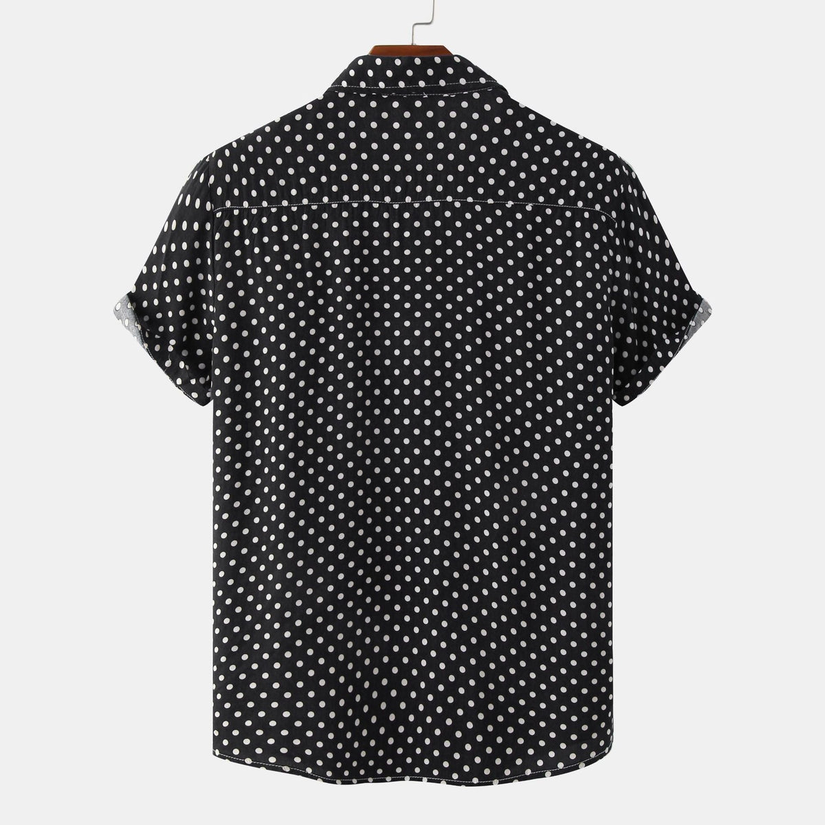Side view of the men's short-sleeve dot shirt