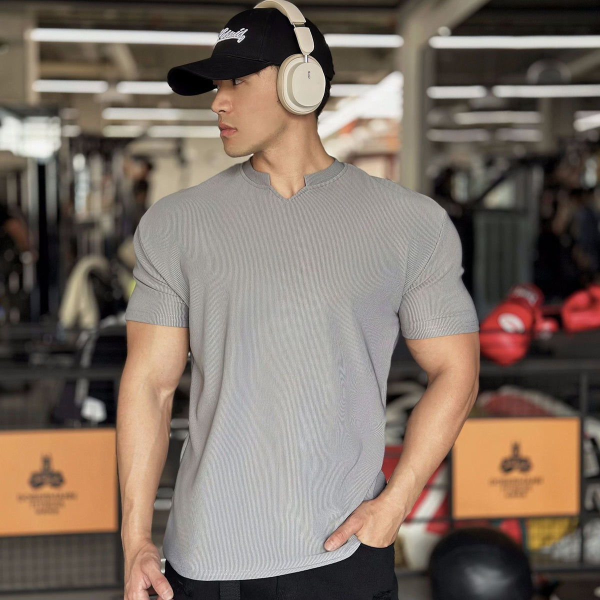 Close-up of the cotton-blend fabric and V-neck collar on a men's T-shirt