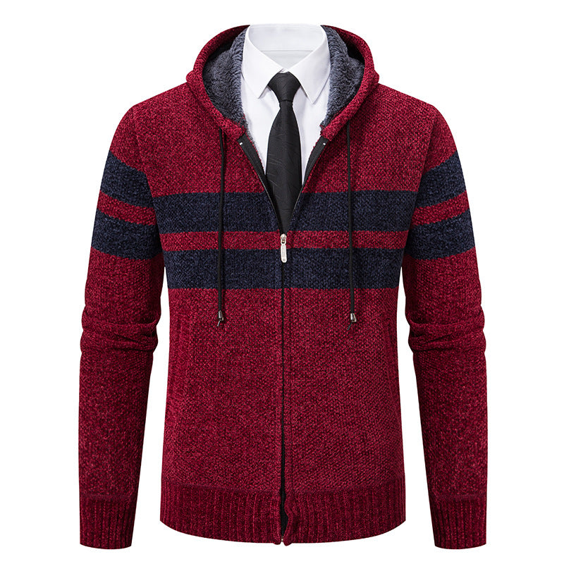 Men's hooded knit jacket featuring a soft teddy fleece lining