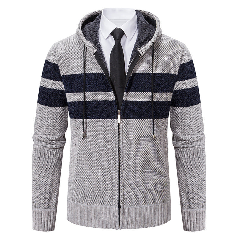 Men's knit hooded jacket with teddy fleece lining shown from the front