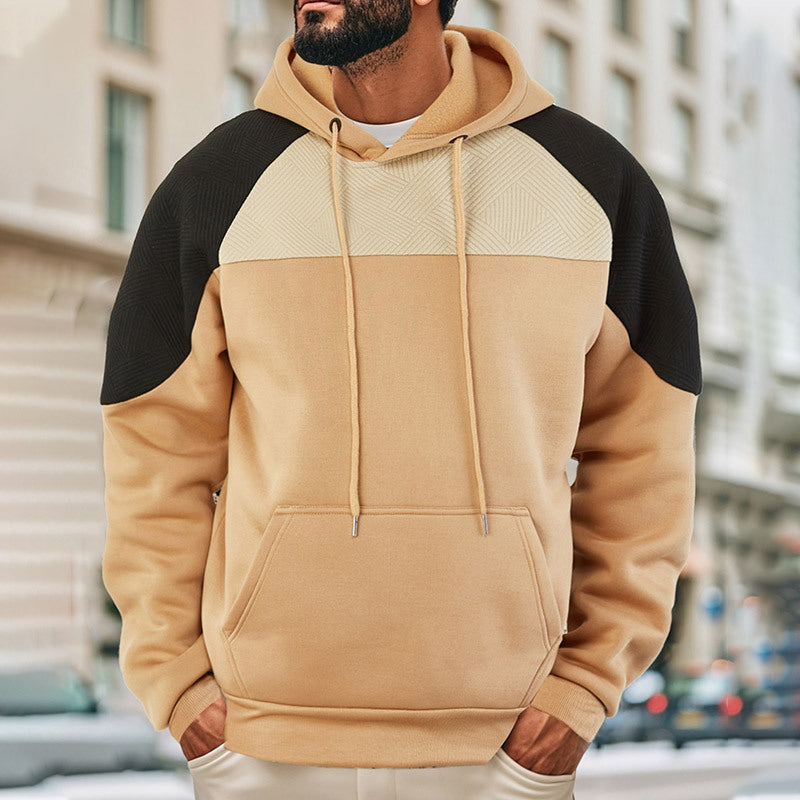 Men's textured contrast panel hoodie with a hood and kangaroo pocket