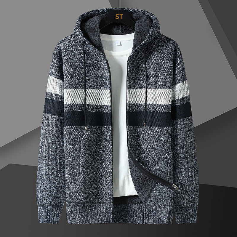 Side view of a men's hooded knit jacket with zip closure