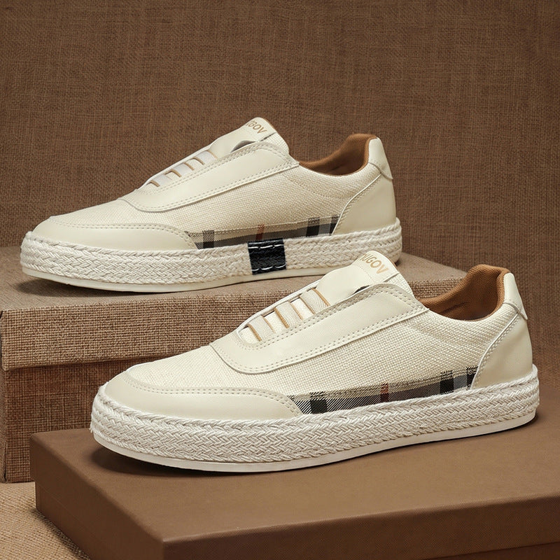 View of the textured rope-style sole on men's espadrille sneakers