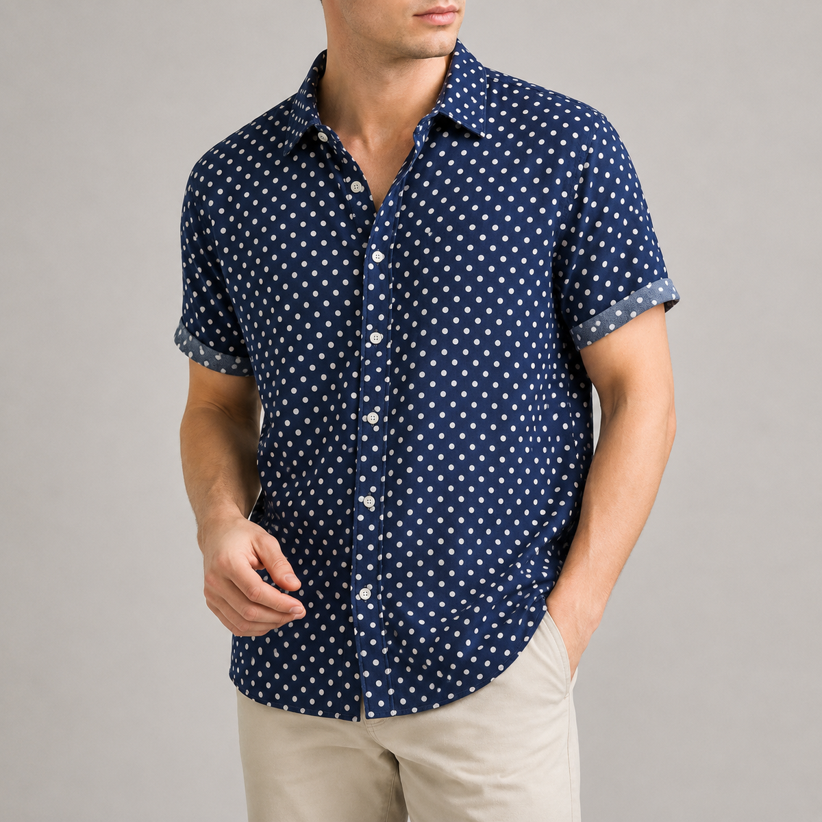 Men's short-sleeve dot shirt shown from the front