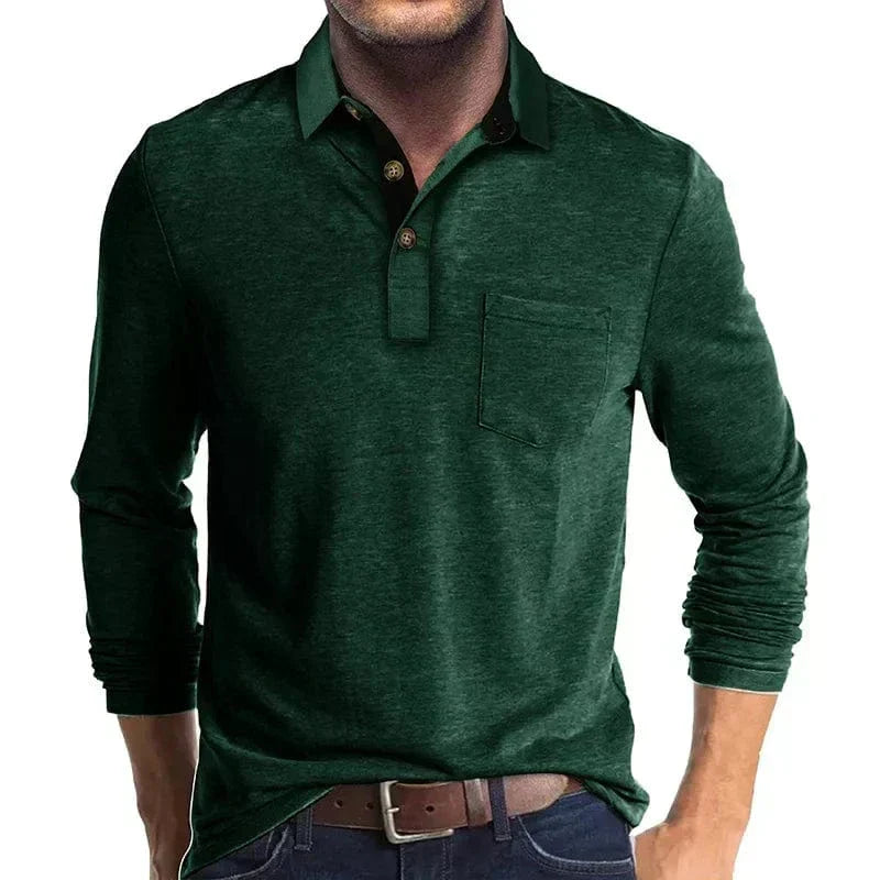 Men's long-sleeve polo shirt shown in a relaxed everyday style.