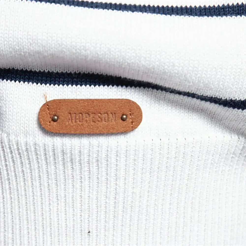 Close-up of the striped knit texture on a men's sweater