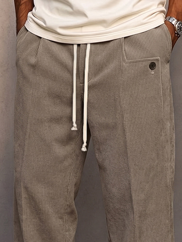 Men's drawstring corduroy pants shown in a relaxed casual style