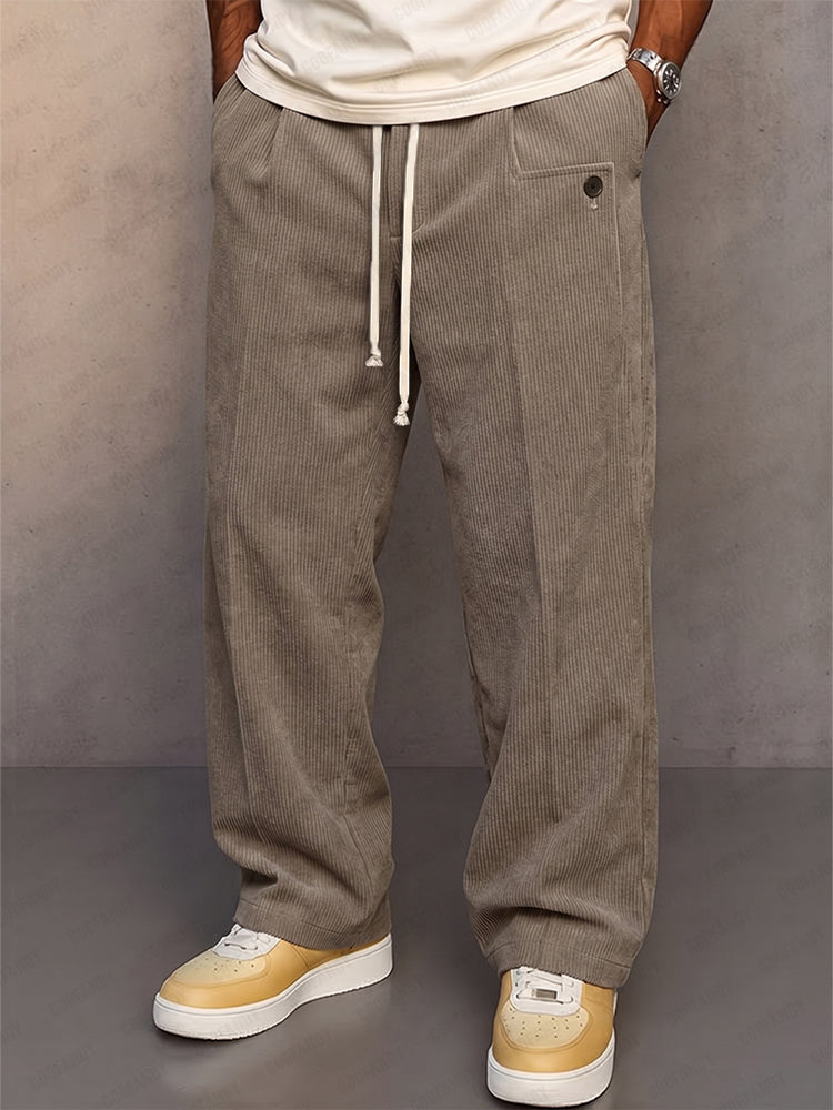 Men's Corduroy Pants Straight Leg Drawstring Casual Trousers