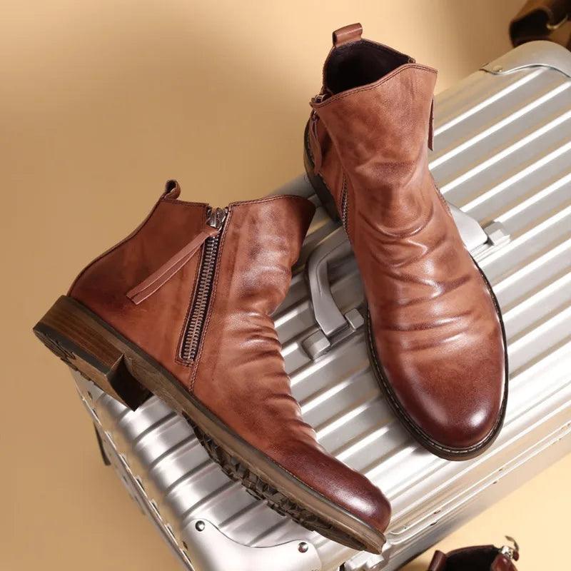 Close-up of leather detailing on men's boots