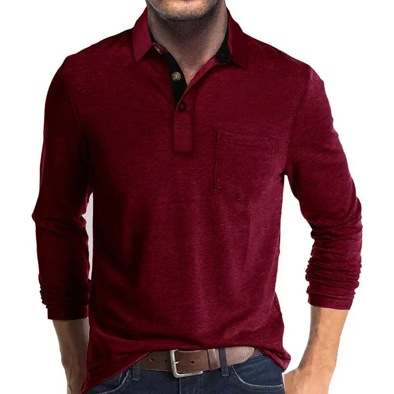 Close-up of the polo shirt neckline and collar.