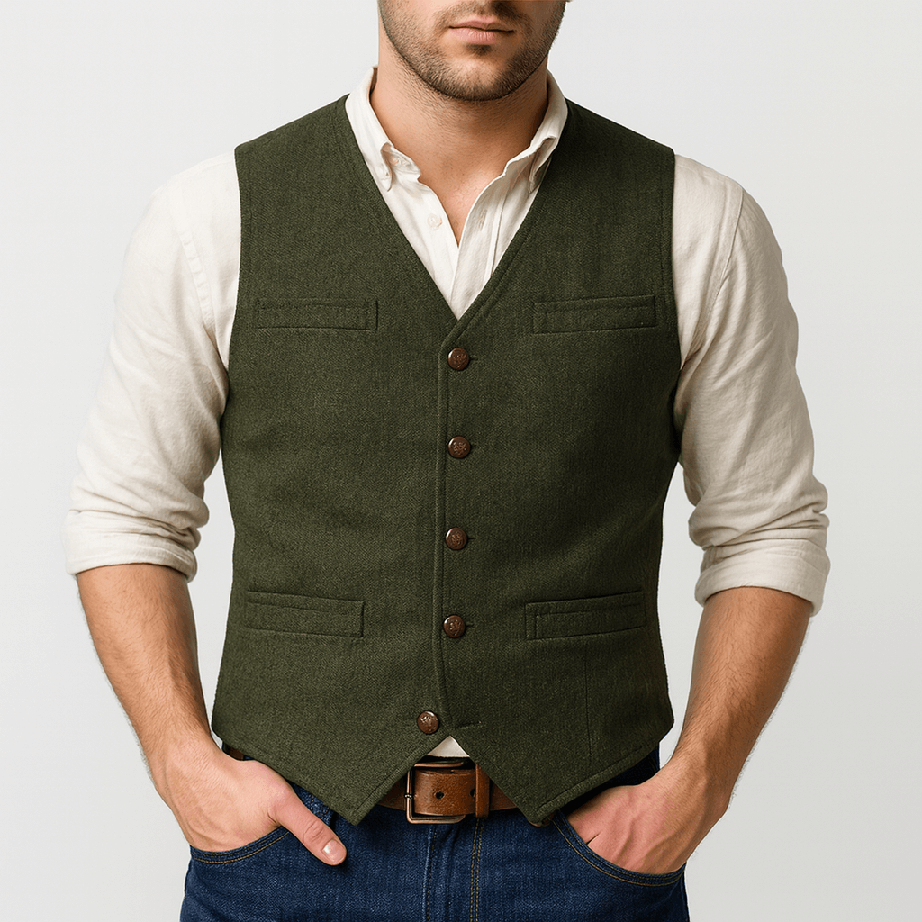 Back view showing adjustable strap on men's tweed vest