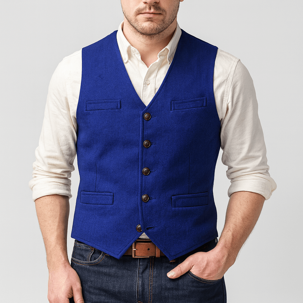 Men's tailored tweed vest styled over a dress shirt
