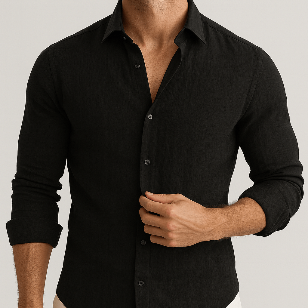 Detail of the linen shirt sleeve and button cuff