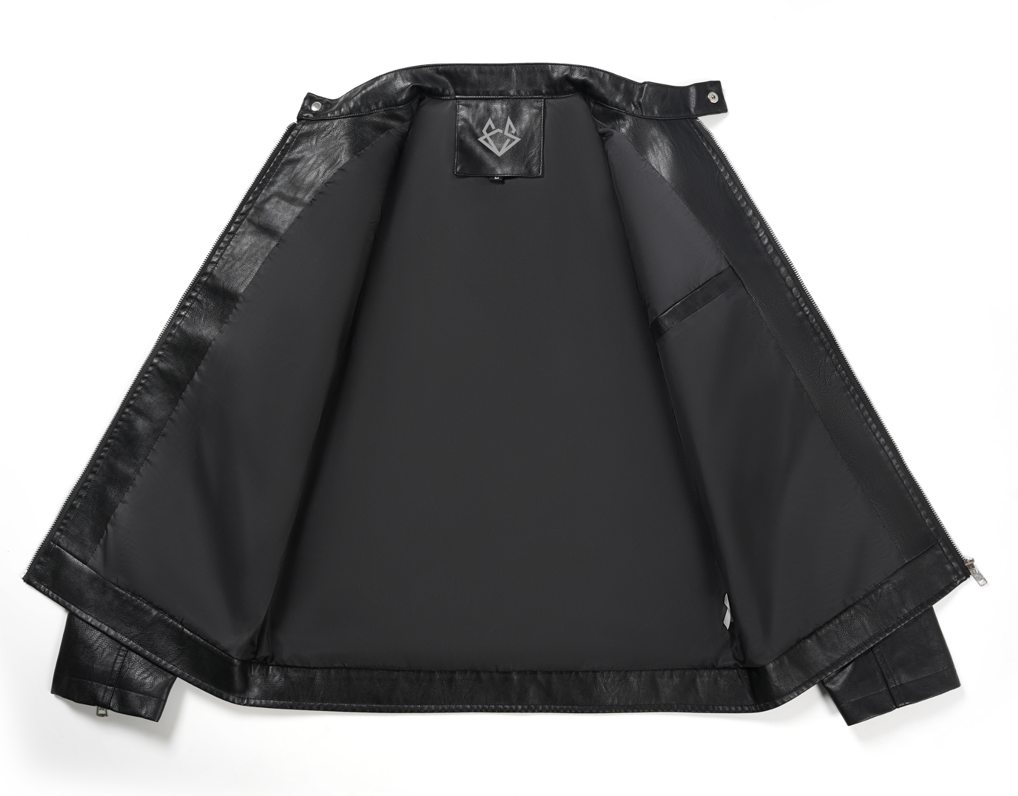 inside of a black biker jacket