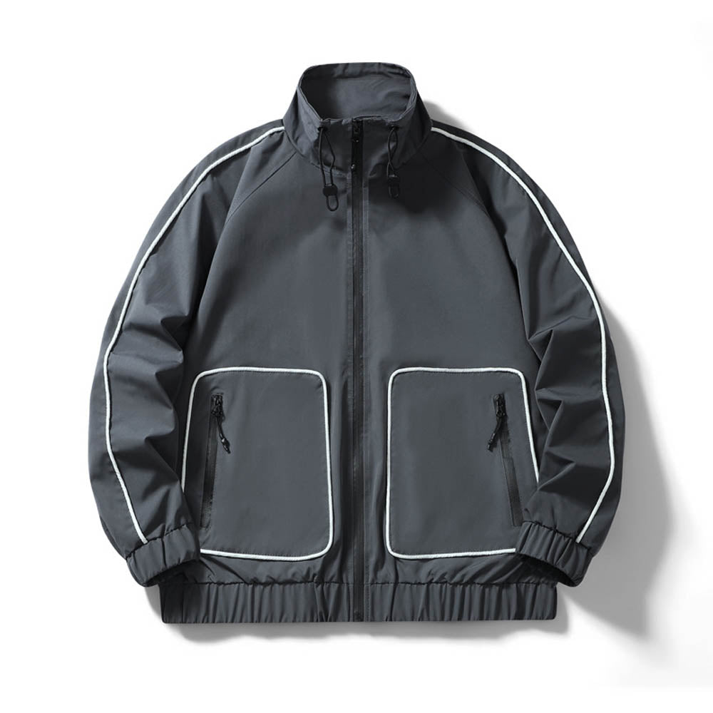 Back view of men's reflective jacket with water-resistant finish