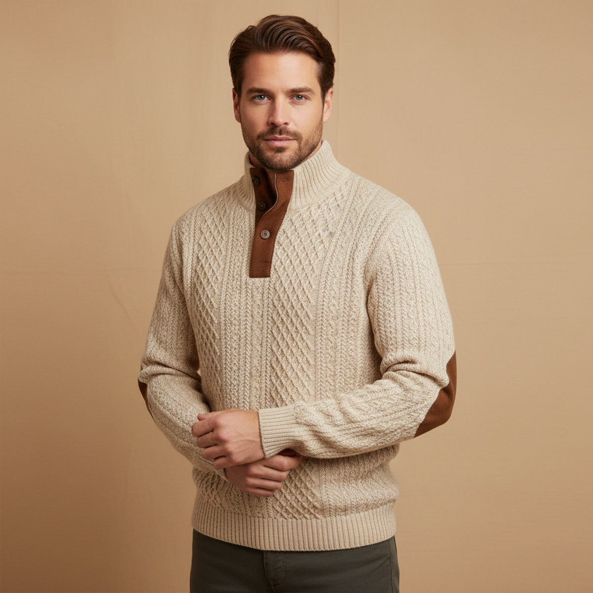 Detailed view of the cardigan's front buttons and knit stitching