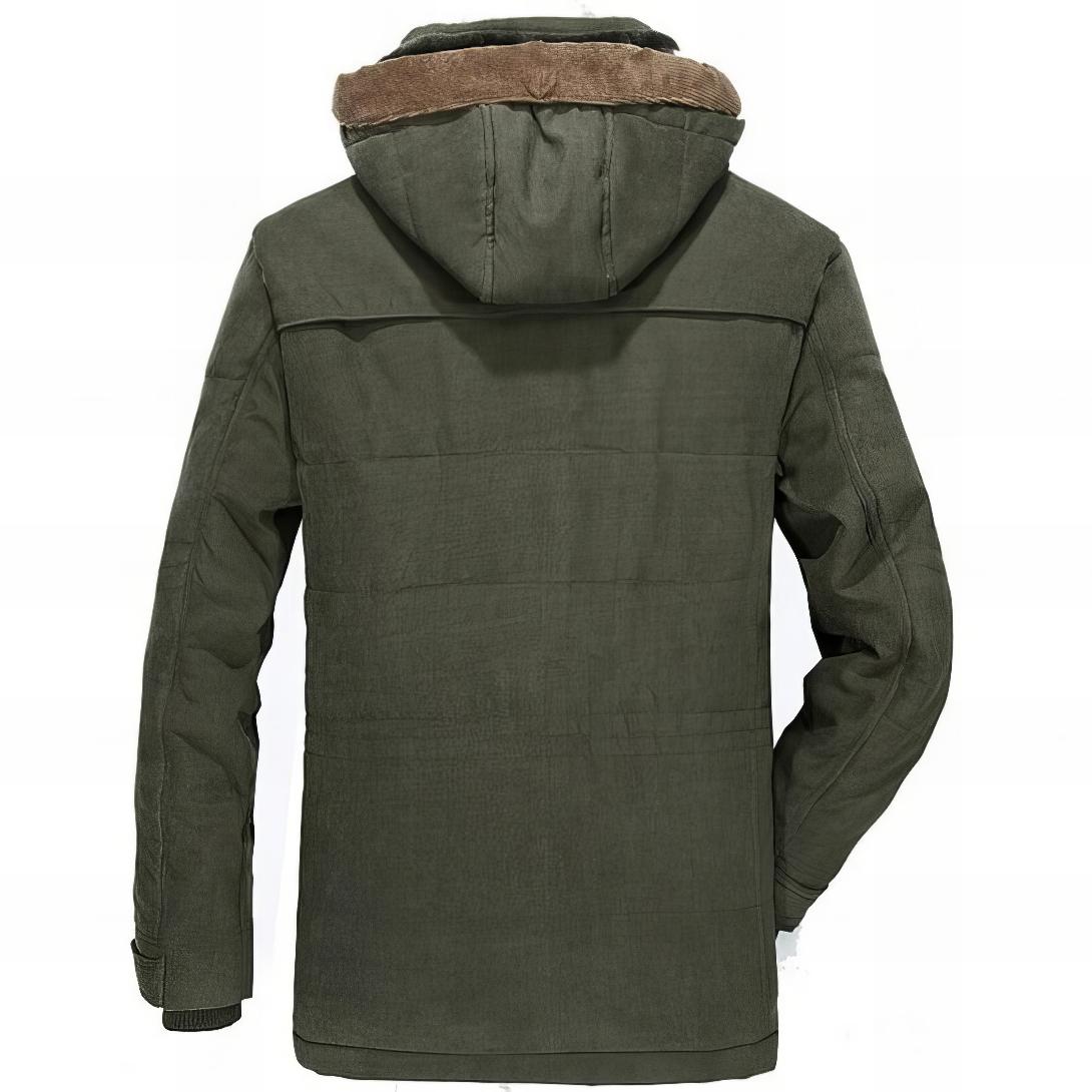 back side of an army green parka with a hood and sherpa lining