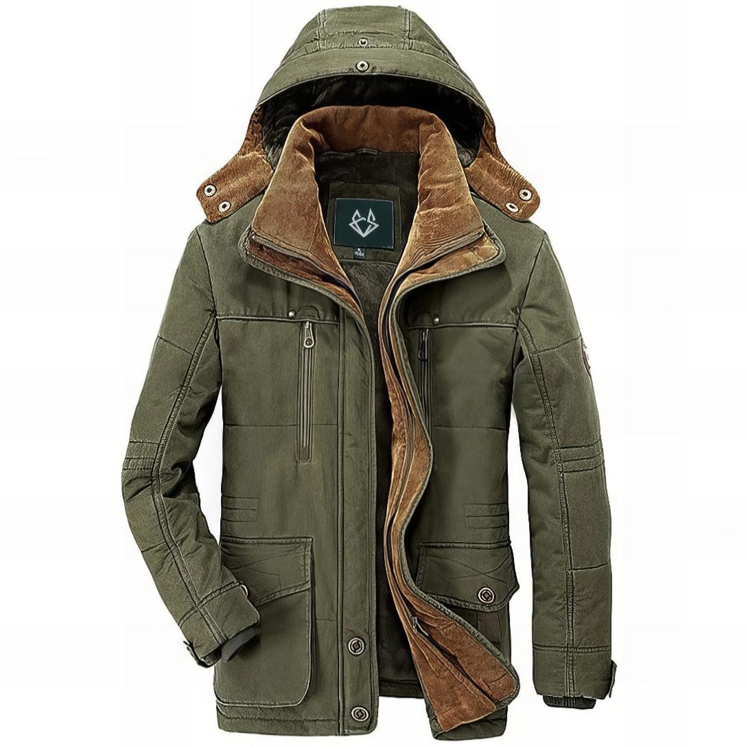 army green parka with a hood and sherpa lining