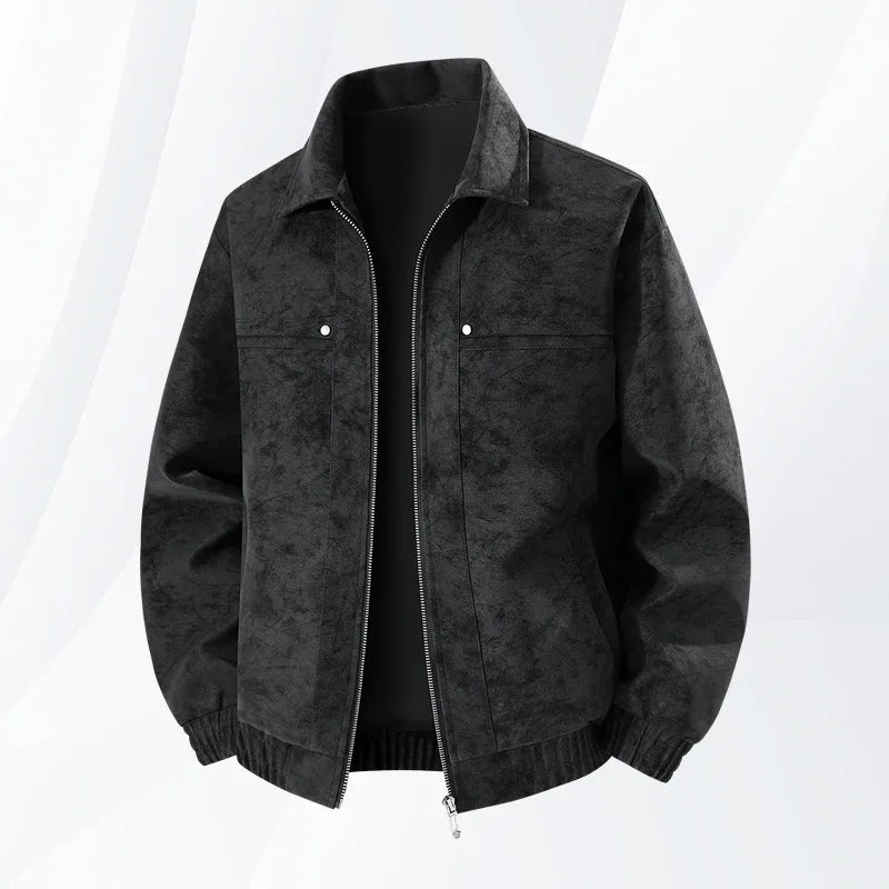 Men's Faux Suede Zip-Up Bomber Jacket Elastic Cuffs Spring Outerwear