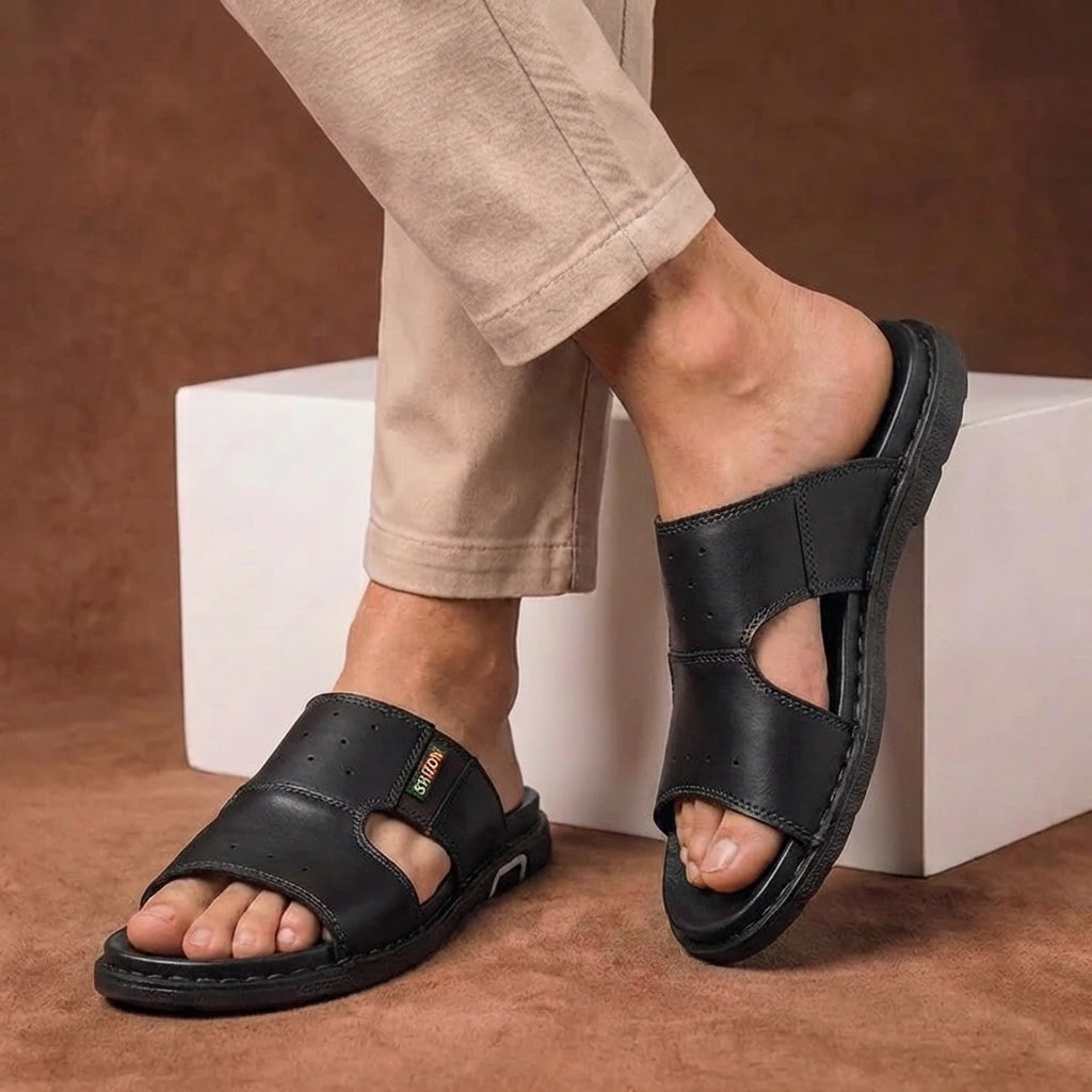 Men's comfort slides with a cushioned footbed shown from the side