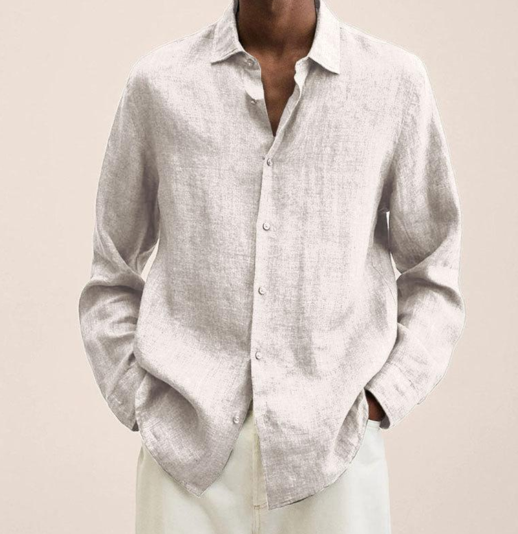Men's linen-blend shirt styled with casual trousers
