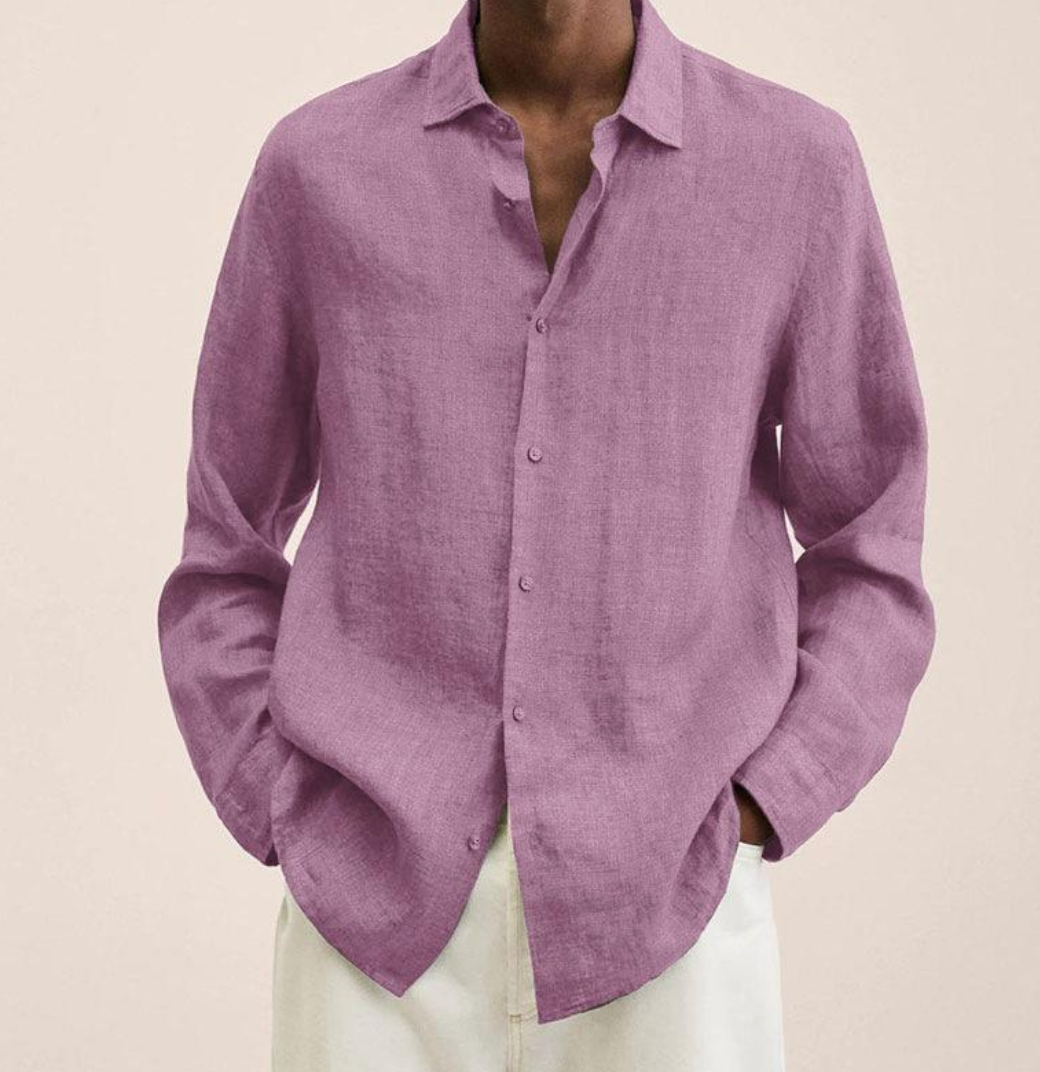 Close-up of the linen-blend fabric on a men's classic-fit shirt