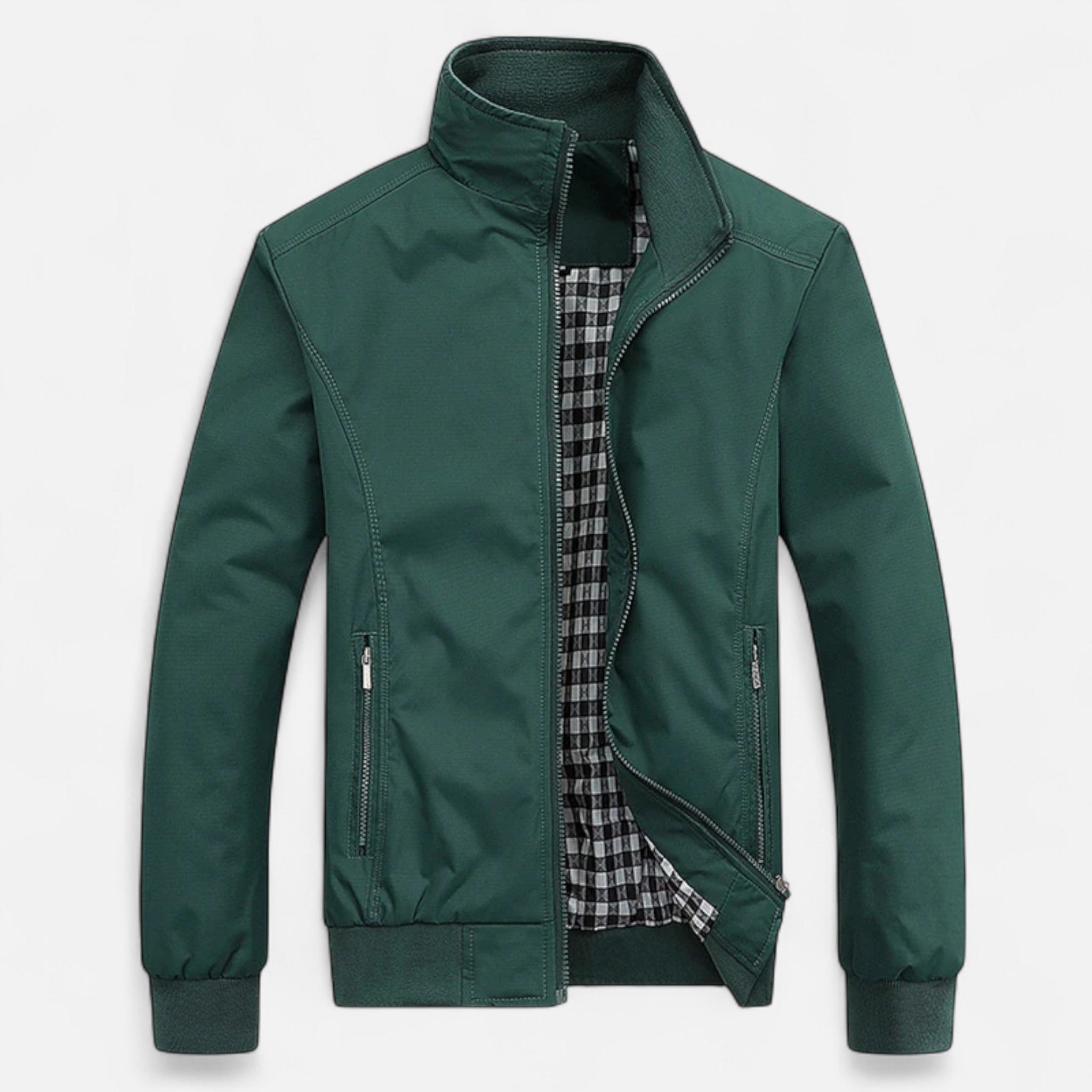 Close-up of the bomber jacket zipper and front pockets