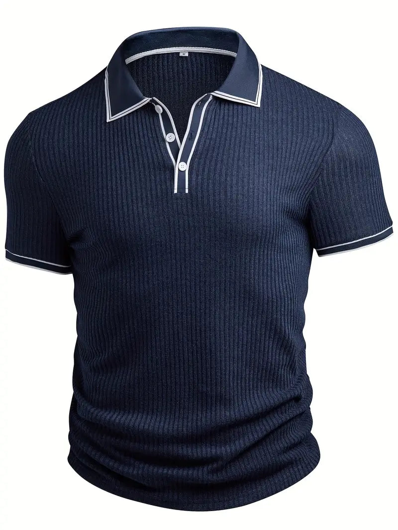 Men's ribbed polo shirt showing the contrast trim detail