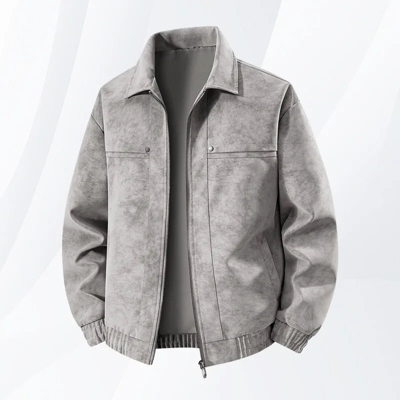 Men's Faux Suede Zip-Up Bomber Jacket Elastic Cuffs Spring Outerwear