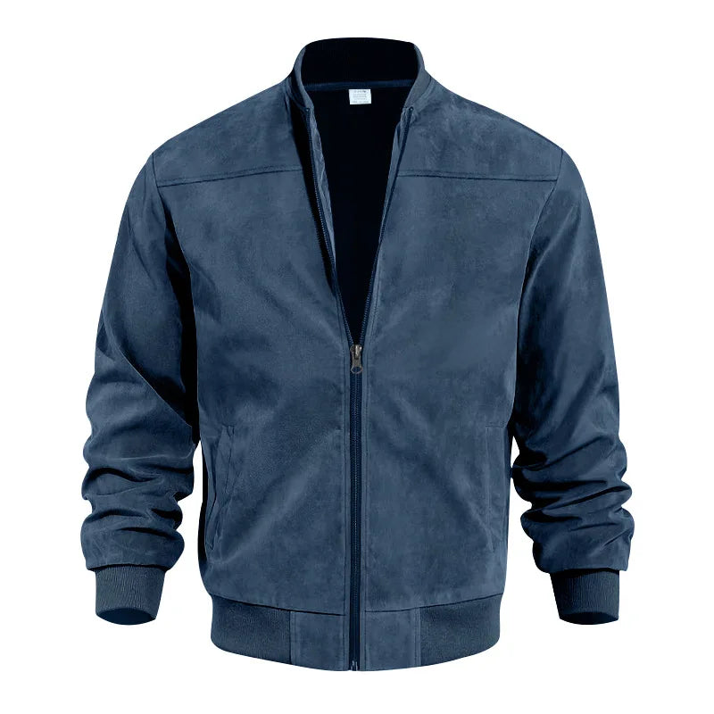 Men's Suede Bomber Jacket Stand Collar Casual Outwear