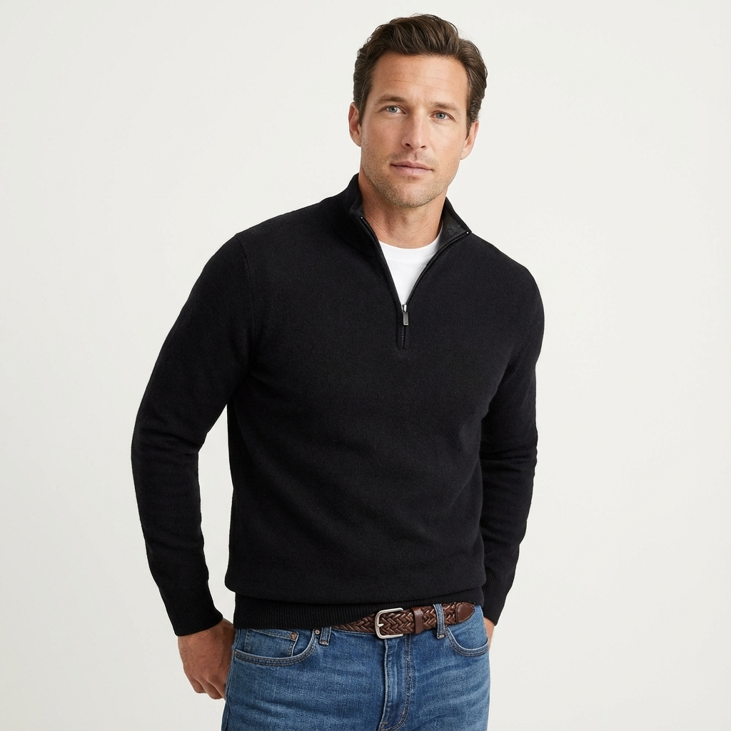 Close-up of the quarter-zip closure and stand collar on the men's sweater