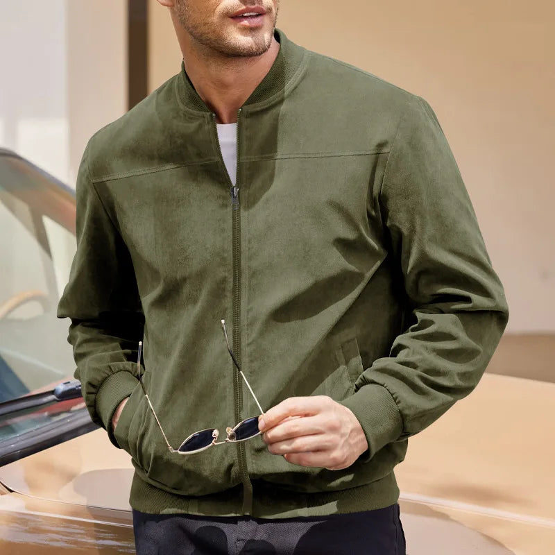 Men's Suede Bomber Jacket Stand Collar Casual Outwear