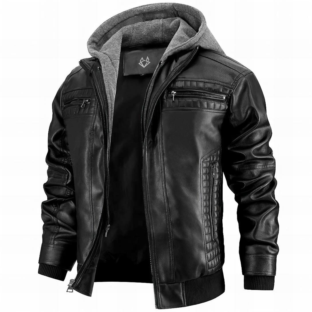 black leather jacket with a hooded neck