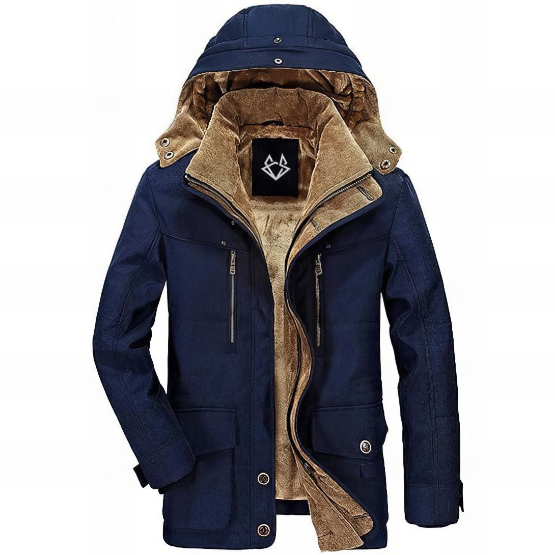 blue parka with a hood and sherpa lining