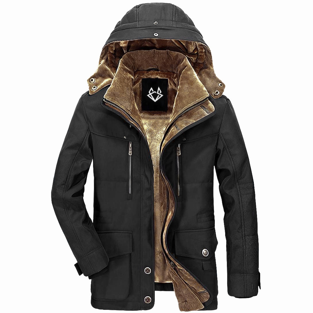 black parka with a hood and sherpa lining