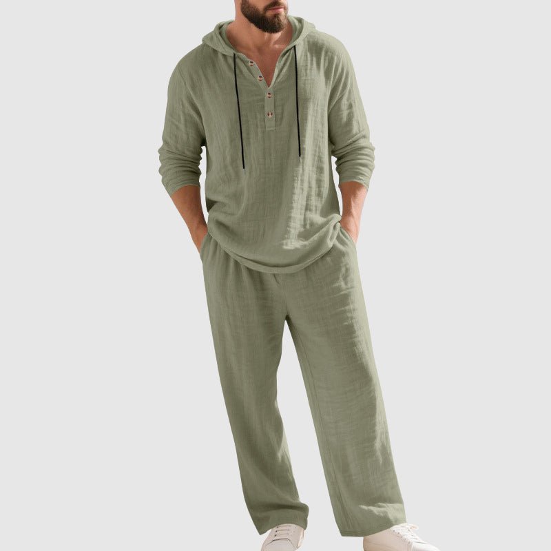 Men's linen Henley hoodie and matching pants set displayed together.