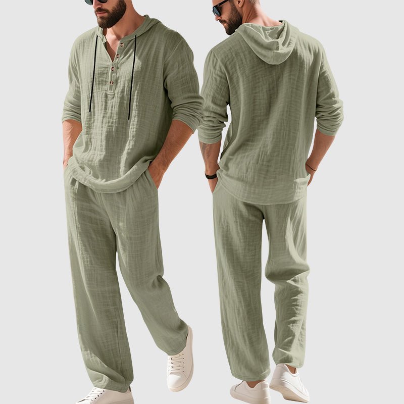 Men's two-piece linen leisure set styled for relaxed everyday wear.