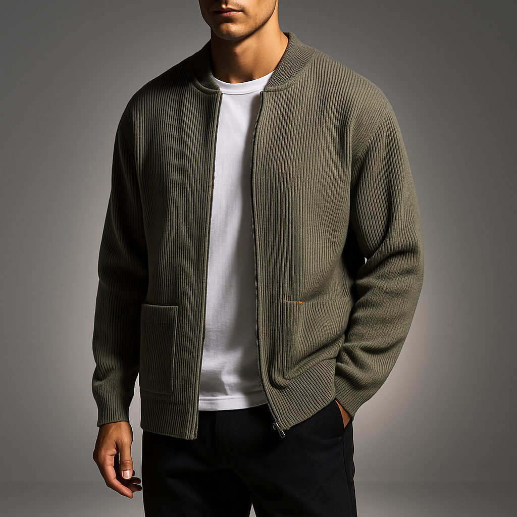Men's ribbed open-front cardigan shown from the front