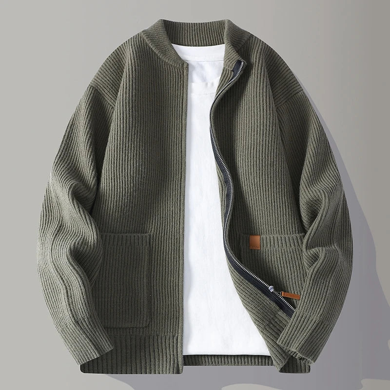 Close-up view of the cardigan's ribbed knit fabric