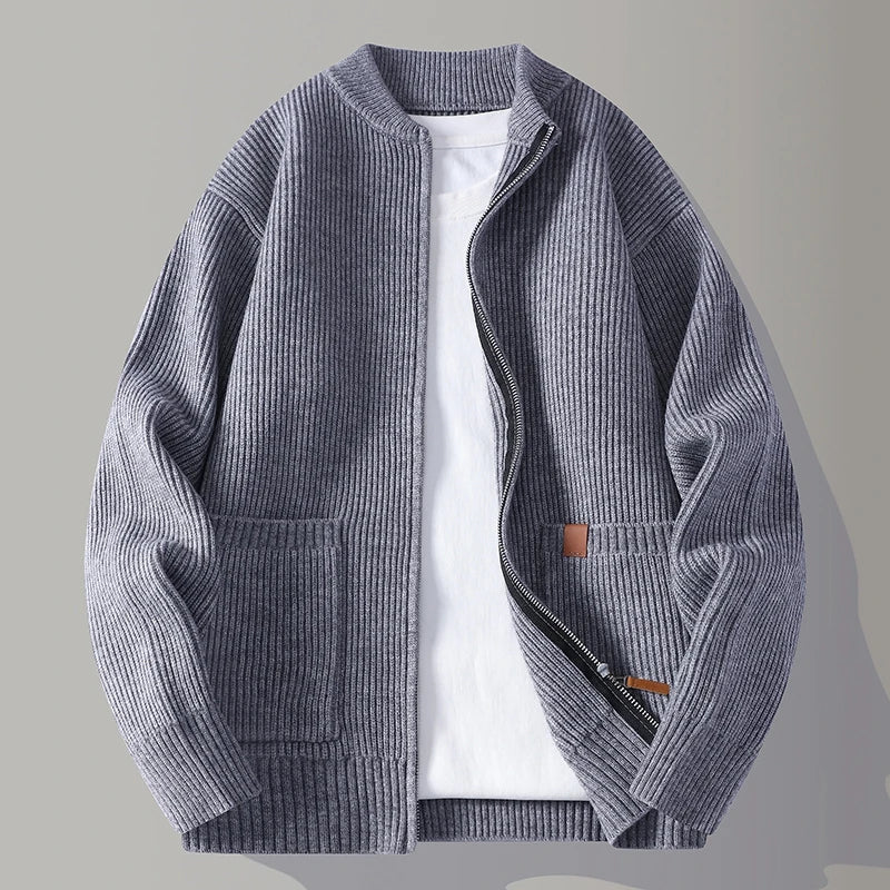 Open-front men's cardigan displayed with its tailored silhouette