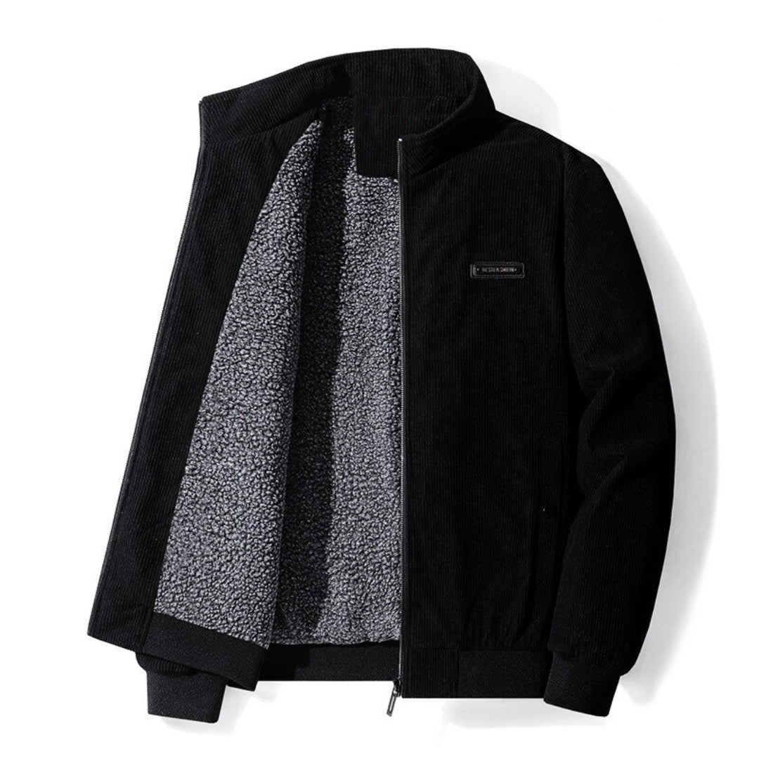 Close-up of the corduroy fabric and soft sherpa lining on the men's jacket