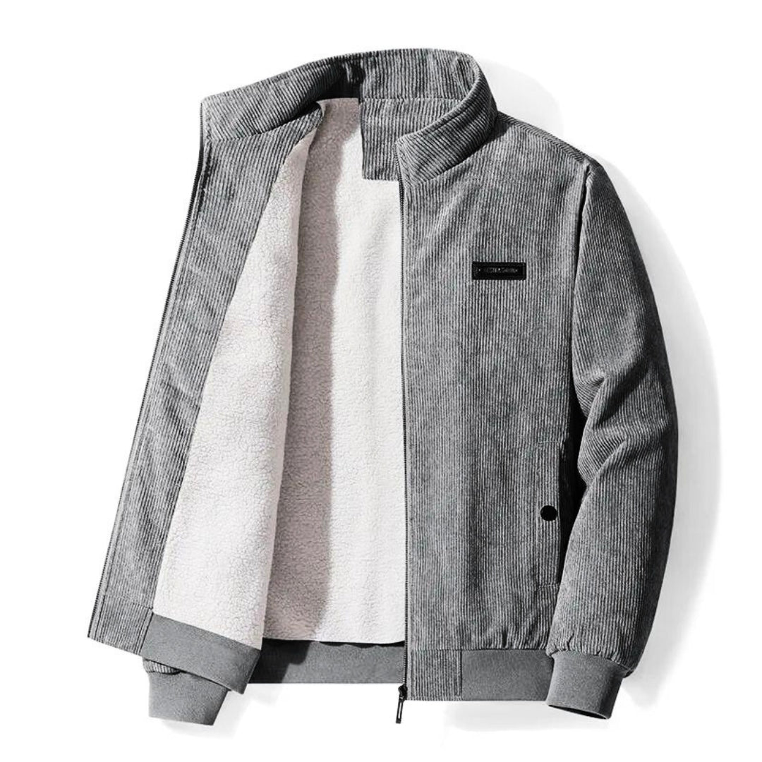 Front angled view of the men's corduroy jacket with warm sherpa lining
